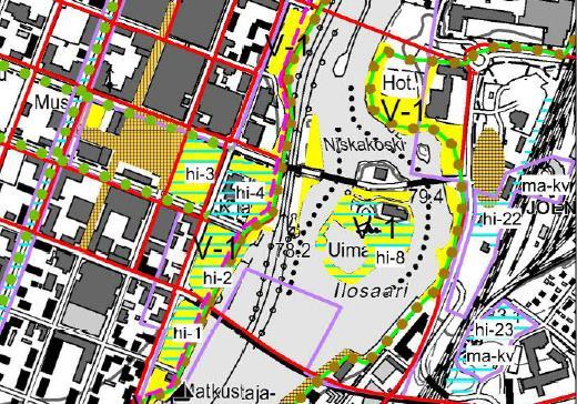 Viherkaavassa Pielisjoen rannat on suunnittelualueella merkitty keskustapuistoksi (V-1). Rantaan on merkitty rantaraitti.