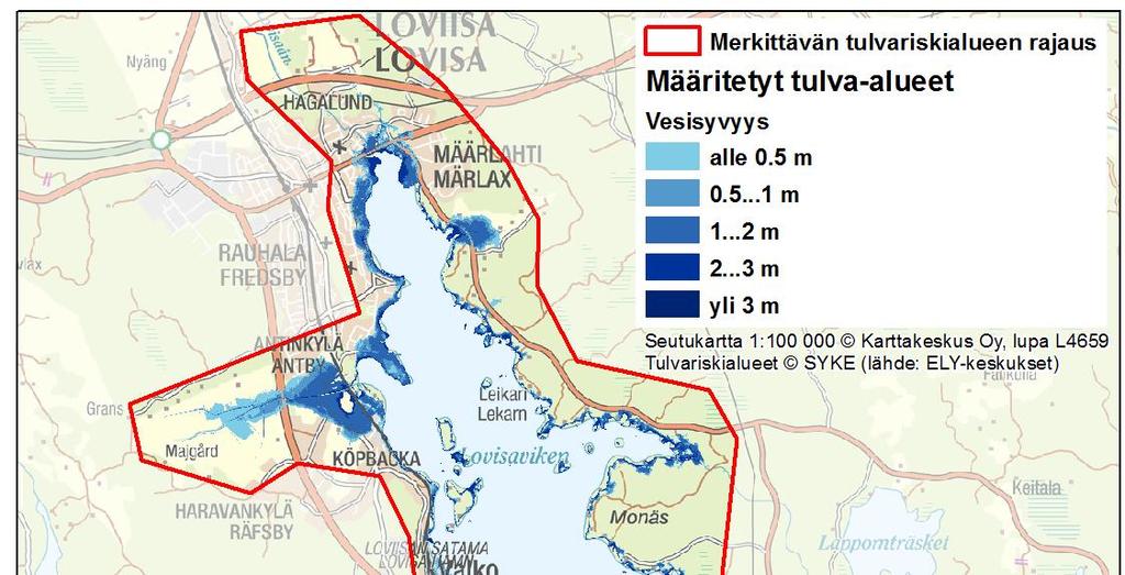Kuva 1. Loviisan merkittävä tulvariskialue.
