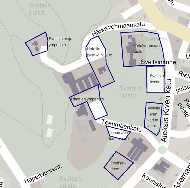 dalla rakentamisaluetta on laajennettu suunnitteluvarausalueeseen verrattuna ottamalla kentän eteläpuolella oleva pysäköintialue ja huoltorakennuksen alue mukaan asuntorakentamisalueeseen.