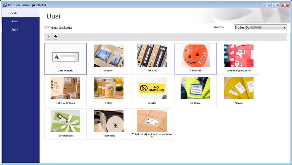 P-touch Editorin käyttäminen c Valitse jokin näytössä näkyvistä vaihtoehdoista: 4 3 1 2 1 Jos haluat luoda uuden asettelun, kaksoisnapsauta [Uusi asettelu] -kohtaa tai valitse [Uusi asettelu] ja
