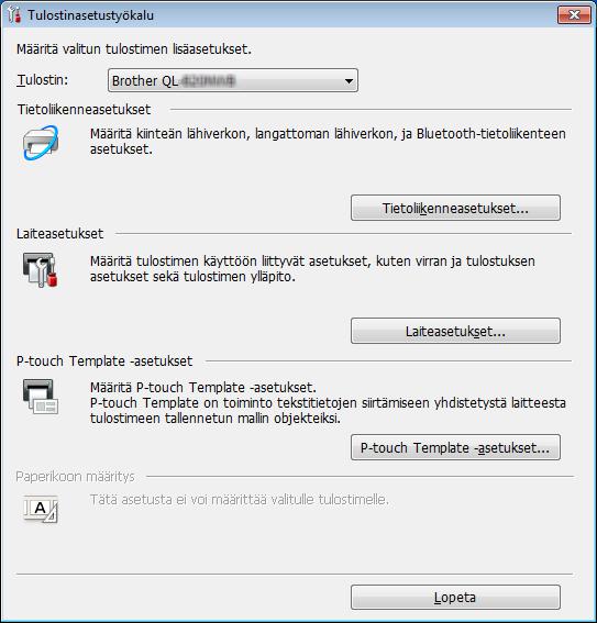 Tarratulostimen asetusten muuttaminen Tulostinasetustyökalun käyttäminen (Windows ) 4 a Kytke määritettävä tulostin tietokoneeseen. b Käynnistä Tulostinasetustyökalu.