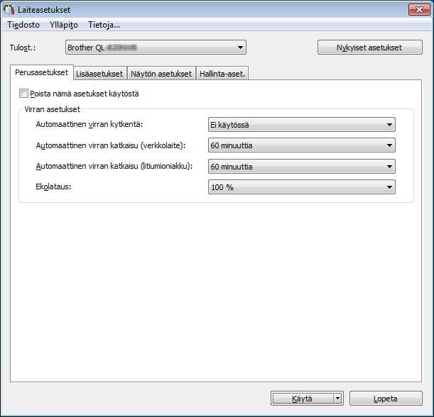 Tarratulostimen asetusten muuttaminen Laiteasetukset (Windows ) 4 Määritä Tulostinasetustyökalun [Laiteasetukset]-osan avulla tulostimen asetukset tai muuta niitä, kun kytket tulostimen ja