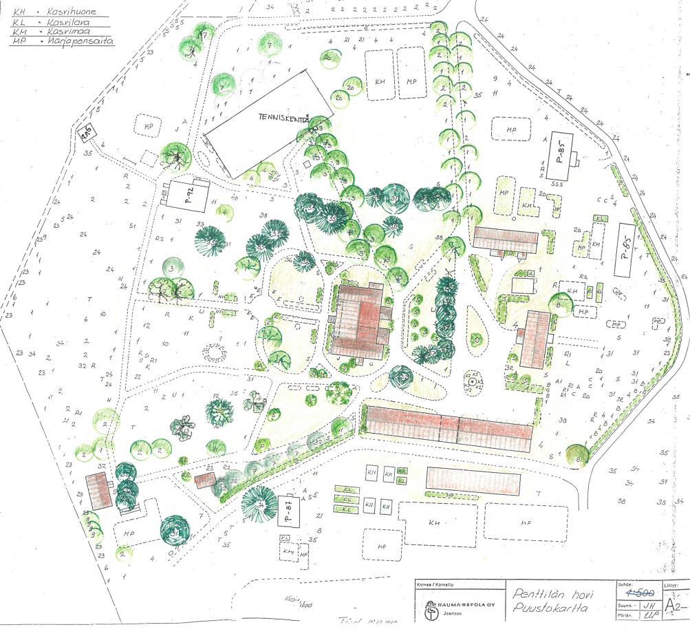 8 10 8 10 2 1 3 4 5 7 6 10 9 Penttilän hovin puustokartta (Rauma-Repola Oy, täydentänyt Martti Aittapelto). Karttaan on kuvattu puutarhan nykytilanne sekä alueen rakennukset.