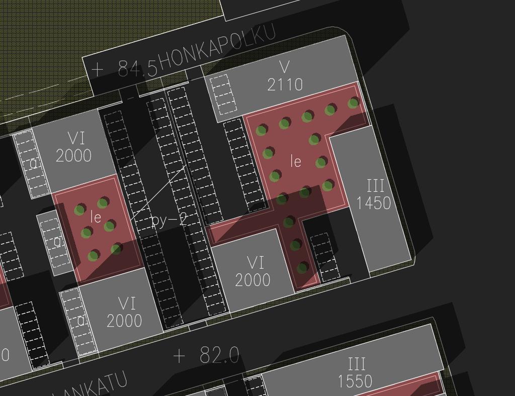 Ylätasolle ajetaan noin tasosta +84,5 mmpy ja alatasolle Lehtolankadun puolelta noin tasosta +82,0. 31 Leikkauskuva korttelista 1607 pysäköintitasojen kohdalta (py-2).