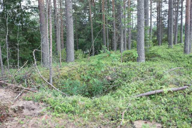 kohdalla. Paikalla on havaittavassa matala painauma. Sähkötolpan pystyttäminen on tuhonnut osin ainakin pyyntikuopan 2 maavallia. DG1212:26. Edustalla pyyntikuoppa 2, taustalla pyyntikuoppa 3.