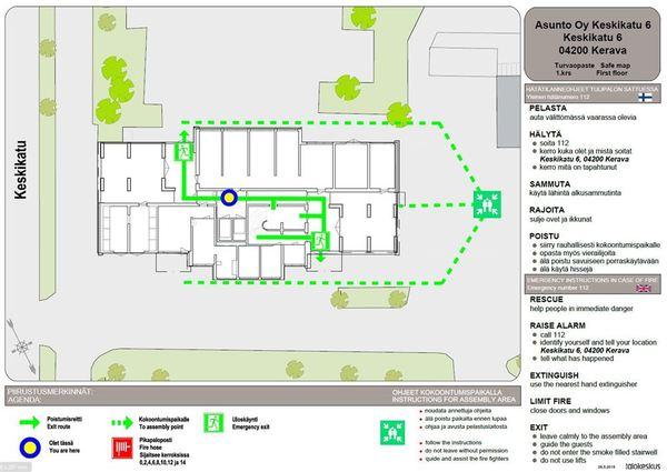 Sivu 10 / 26 3. Rakennuksen turvallisuusjärjestelyt 3.1. Turvallisuuskartat Kiinteistöstä on laadittu turvallisuusopasteet, joihin on merkitty hätätilanneohjeiden lisäksi turvallisuuteen liittyviä tietoja.