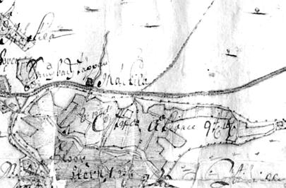 Vuodelta 1691 on vanhin kartta, jossa maininta Mäkkylästä ja kuvattuna asutus puron länsipuolella. KA, kopio EKM.