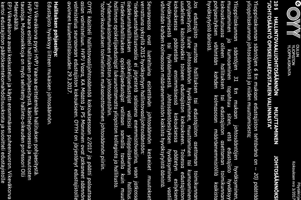 Qy(( J(( YLIOPISTON Kokouksen nro 3/2017 O X\VIA\VII OULUN Pöytä kirja I II 10 HALLINTOVAALIJOHTOSÄÄNNÖN MUUTTAMINEN JOHTOSÄÄNNÖKSI JOHTOSÄÄNTÖ OPISKELIJAEDUSTAJ 1 EN VALINNASTA Ylioppilaskunnan