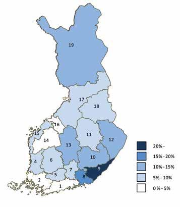 1. Uusimaa 2. Varsinais-Suomi 4. Satakunta 5. Kanta-Häme 6. Pirkanmaa 7. Päijät-Häme 8. Kymenlaakso 9. Etelä-Karjala 10. Etelä-Savo 11. Pohjois-Savo 12. Pohjois-Karjala 13. Keski-Suomi 14.