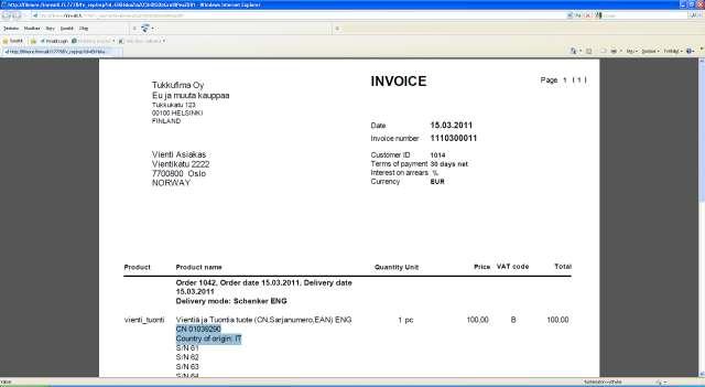 Tämän jälkeen tätä ryhmää koskevien tilauksien laskuriveillä näkyy tuotteen alkuperämaan koodi (edellyttäen että sellainen löytyy tuotteelta). Myynti EU valitse haluttu myyntisaamistili, esim.