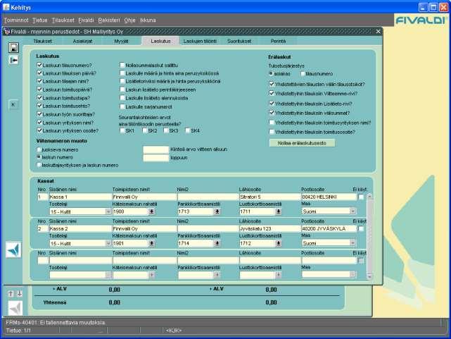 5.4 Kassat PAKOLLINEN JOS TEHDÄÄN KÄTEISKUITTEJA Kassapisteiden tiedot perustetaan tässä. Perusta ainakin yhden kassan tiedot ja kirjanpidon tilitiedot.