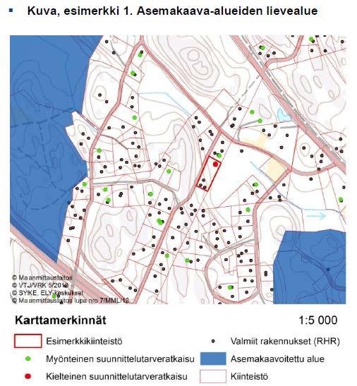 1 Esimerkki 1: Asemakaava-alueiden lievealue Kunta laati kielteisen suunnittelutarveratkaisun. Perusteluissaan kunta totesi, että kiinteistö sijaitsi asemakaava-alueiden lievealueella.