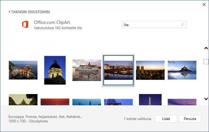 Online-kuvien lisääminen Online-kuvia voit ladata ilmaiseksi Office.com palvelusta, tarjolla on satoja valmiita piirros-, animaatio- ja valokuvaleikkeitä.