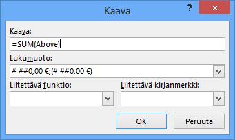 Yhteensä-rivin oikeaan päähän on lisätty laskenta Asettelu (Layout) -välilehden Tiedot (Data) -ryhmän Kaava (Formula) -painikkeella esiin tulevassa valintaikkunassa, seuraava kuva.