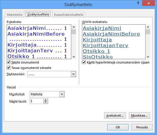 Sisällysluettelo (Table of Contents) Harjoitustiedostot: Sisluettelo-hakemisto.docx Tee sisällysluettelo yli 20 sivua käsittäviin asiakirjoihin.