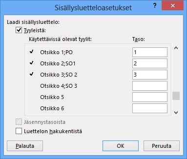 Sisällysluettelon asetukset Etenkin jos nimeät kaikki käyttämäsi tyylit itse, on sinun rakennettava sisällysluettelo Asetukset (Options) -valintaikkunan avulla.