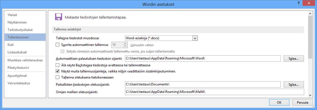 Kuva 241 Wordin asetukset ( Word Options) - valintaikkuna Kirjoita Oletustallennuspaikka omille malleille (Default personal templates location) -kenttään oikea polku, siis: