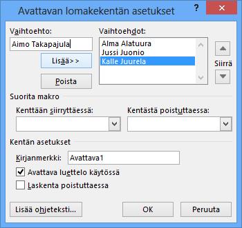 Luetteloon lisättävä kohde Luettelossa olevat kohteet Nimetty kirjanmerkki Kuva 247 Avattavan lomakekentän asetukset ( Drop Down Form Field Options) - valintaikkuna Kaksoisnapsauta yhdistelmäruutua,