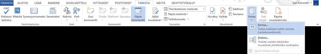 Kuva 274 Muutokset ( Changes) - ryhmä Asiakirjaan tehdyt muutokset voit hyväksyä Muutokset (Changes) -ryhmän Hyväksy (Accept) -pudotusvalikon komennoilla ja hylätä Hylkää (Reject) -pudotusvalikon