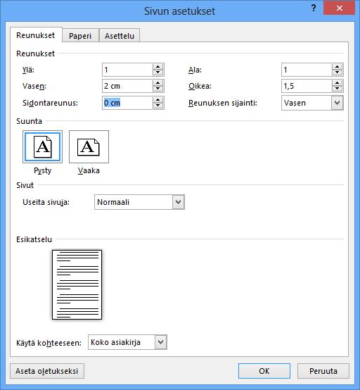 Sivun asetukset (Page Setup) -valintaikkuna Reunukset (Margins) -välilehti Sivun asetukset (Page Setup) -valintaikkunaan pääset Sivun asettelu (Page Layout) -välilehden Sivun asetukset (Page Setup)