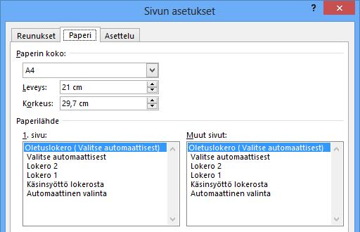 Paperi (Paper) -välilehti Paperi (Paper) -välilehdellä ei juuri tarvitse tehdä asetusmuutoksia. Kannattaa kuitenkin tarkastaa, että valittu arkkikoko on oikea.