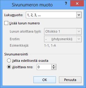 Nyt voit aloittaa sivunumeroinnin seuraavalta sivulta ykkösestä siten, että: 1 Kaksoisnapsautat osoittimen kannen jälkeisen ensimmäisen sivun ylätunnisteeseen 2 Kirjoitat ylätunnisteeseen