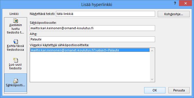 Hyperlinkin tekeminen On Internet- ja verkkopolut hyperlinkeillä (Internet and network paths with hyperlinks) -asetus sitten voimassa tai ei, saat luotua hyperlinkin aina seuraavalla tavalla.