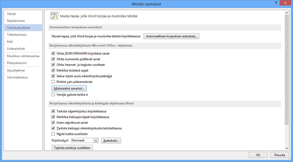 Kieliasun tarkistuksen asetukset Monipuolinen kieliasun tarkistus toiminto auttaa asiakirjatuotantoa monella tavalla. Kieliasun tarkistus toiminnolle voit määrittää paljon erilaisia asetuksia.