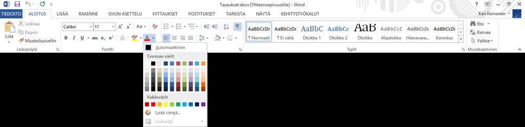 Kirjasinvärin muuttaminen Toisinaan on tarpeen muuttaa sanan, lauseen tai vaikkapa otsikon kirjasimen väriä. Väriä voit vaihtaa valitsemallesi merkkijonolle.