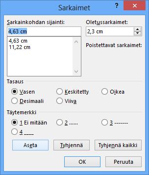 Sarkainten asettaminen Kun kirjoitat asiakirjaan taulukkotyyppisen luettelon ja tiedot eivät ole taulukossa, tasaa tiedot sarkaimilla.