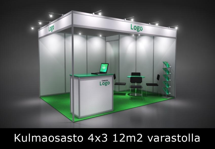 Osasto 1-3 Hinta: 8800 euroa Osasto 4m x 3m kaksi avointa sivua Varasto 1m x 1m /2500 mm lukittavalla ovella 3-osainen pistorasia 2 kpl (toinen varastossa) Infotiski,