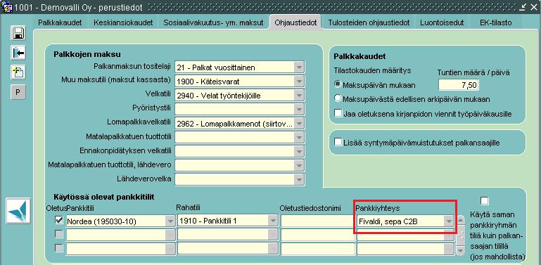 Lähtevät SEPA-maksut (palkat) Palkka-aineisto kytketään pankkiyhteyteen asettamalla palkanlaskennan perustiedoissa