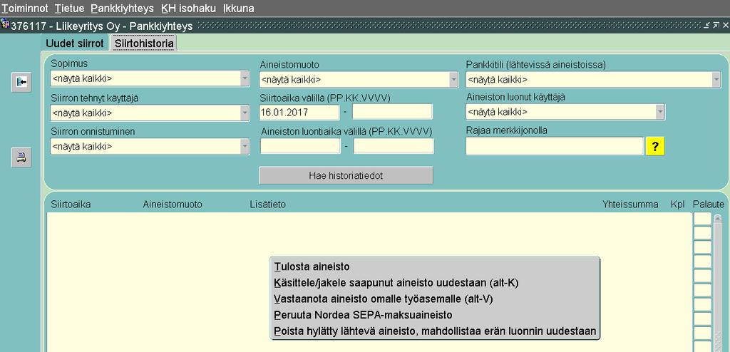 Siirtohistoria Siirtohistoria ruudulla on mahdollista tarkastella siirrettyjä aineistoja sekä käsitellä niitä uudestaa.