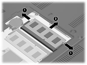 b. Tartu muistimoduuliin (2) sen reunasta ja vedä moduuli varovasti ulos muistimoduulipaikasta. Aseta muistimoduuli staattiselta sähköltä suojattuun pakkaukseen.