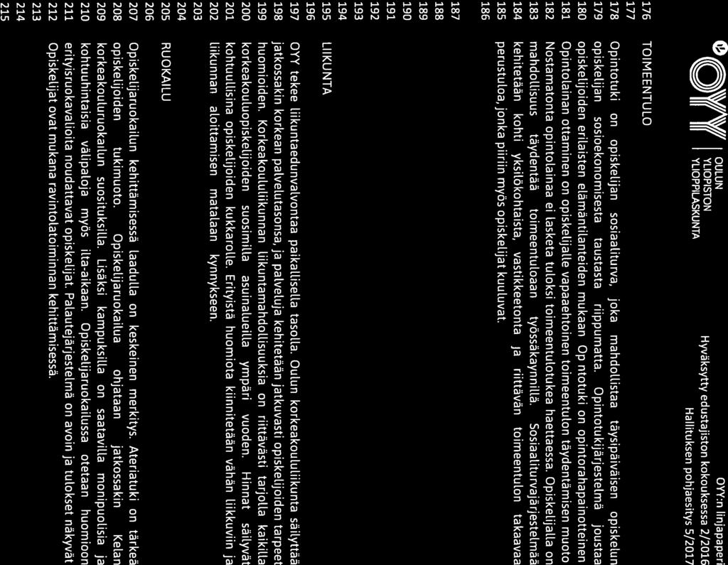 0.J//\\7 OULUN OYY:n linjapaperi (( (( YLIOPISTON Hyväksytty edustajiston kokouksessa 2/2016 III III YLIOPPILASKUNT, Hallituksen pohjaesitys 5/2017 176 TOIMEENTULO 177 178 Opintotuki on opiskelijan
