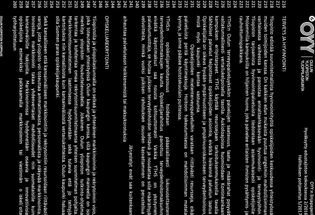 0 \/\Vj7 OULUN OYY:n linjapaperi (( (( YLIOPISTON Hyväksytty edustajiston kokouksessa 2/2016 III III YLIOPPILASKUNTA Hallituksen pohjaesitys 5/2017 216 TERVEYS JA HYVINVOINTI 217 218 YUopisto edistää