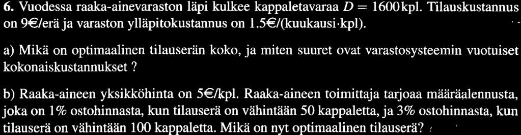 6. Vuodessa raaka-anevaraston låp kulkee kappaletavaraa D:1600kp1. Tlauskustannus on 9 lerä ja varaston ylläptokustannus on 1.