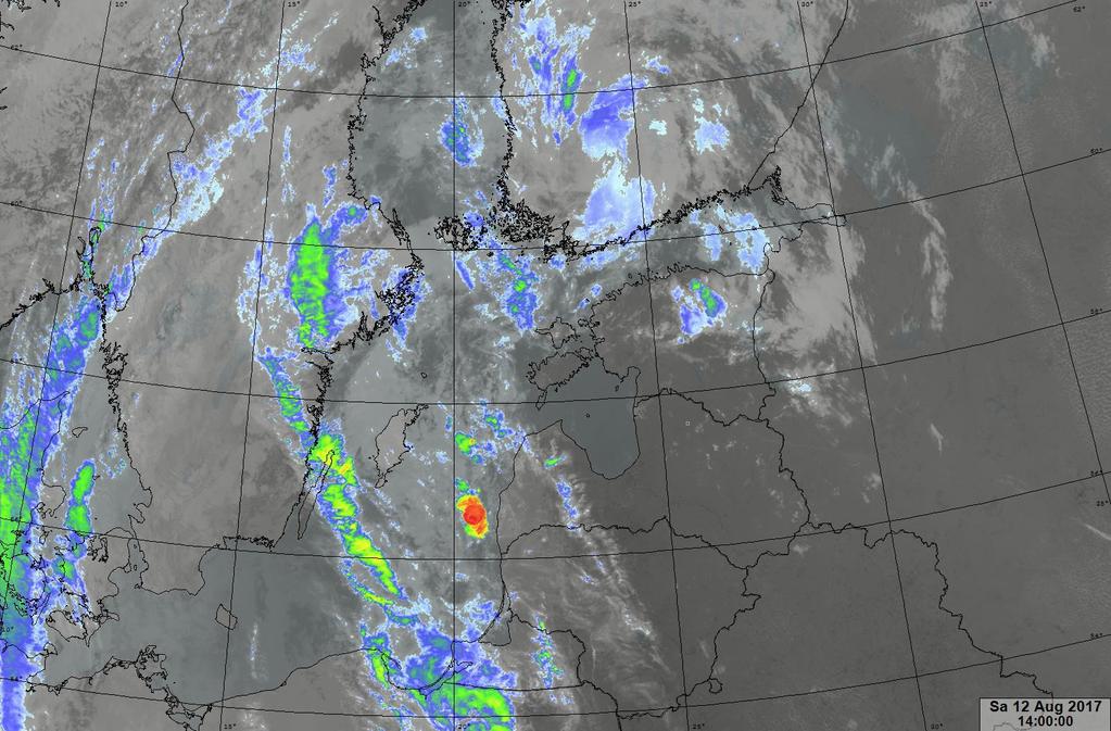 SATELLIITTIHAVAINTOJA Voimakkaiden ukkospilvien kehitys käynnistyi lopulta Gotlannin ja Latvian välisellä merialueella klo 13 ja 14 välillä. Huomaa syntyalusta! Ukkospilvien syntypaikka oli n.