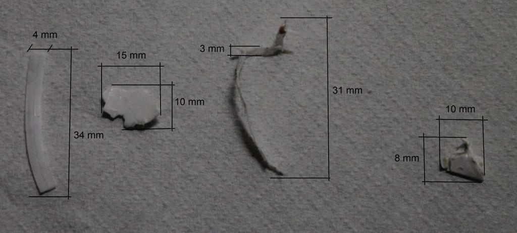 Suikaleet ovat kooltaan suurimmillaan noin 3-4 mm kapeita ja 30-40 mm (liite 2) pitkiä rajoittuen syvyyssuunnassa pikarin seinämävahvuuteen. Suikaleen pituusmitta vaihtelee suuresti.