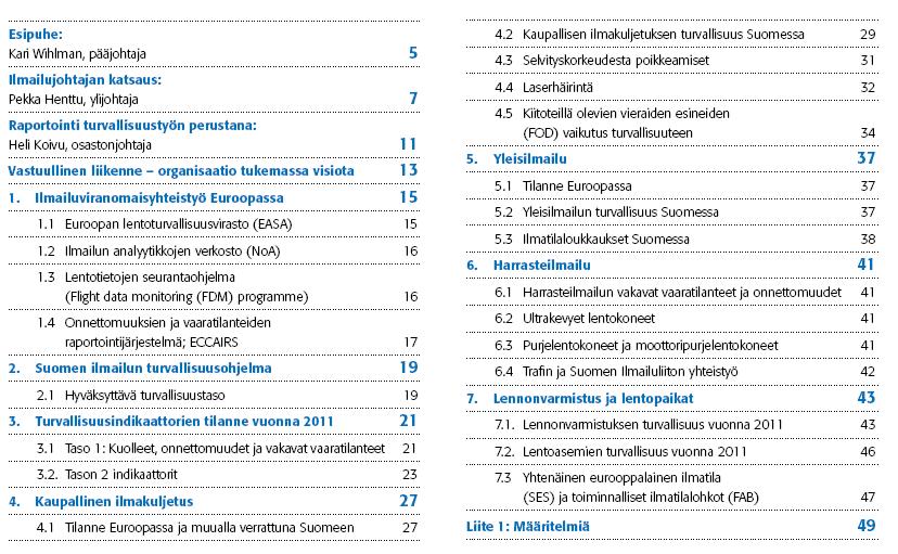 Suomen ilmailun turvallisuuden vuosikatsaus - sisältö (julkaisu suomeksi ja