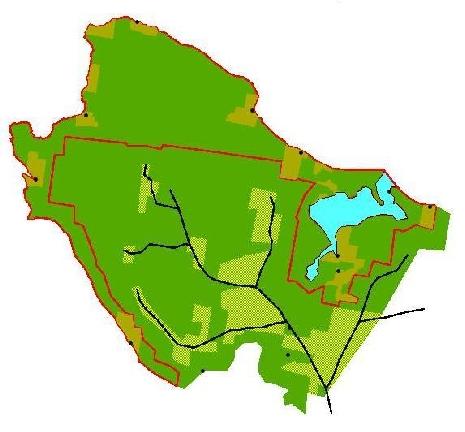 Äänisen niemimaa, Arkangelin alue Karttaselitykset: Suunnitellun kansallispuiston ulkoraja Tiet ja metsäautotiet Kylät Metsäerämaa