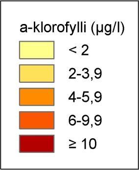 7 Kuva. Kokkolan edustan merialueen pintaveden ( m) a-klorofyllipitoisuus avovesiaikaan eri vuosikymmeninä.