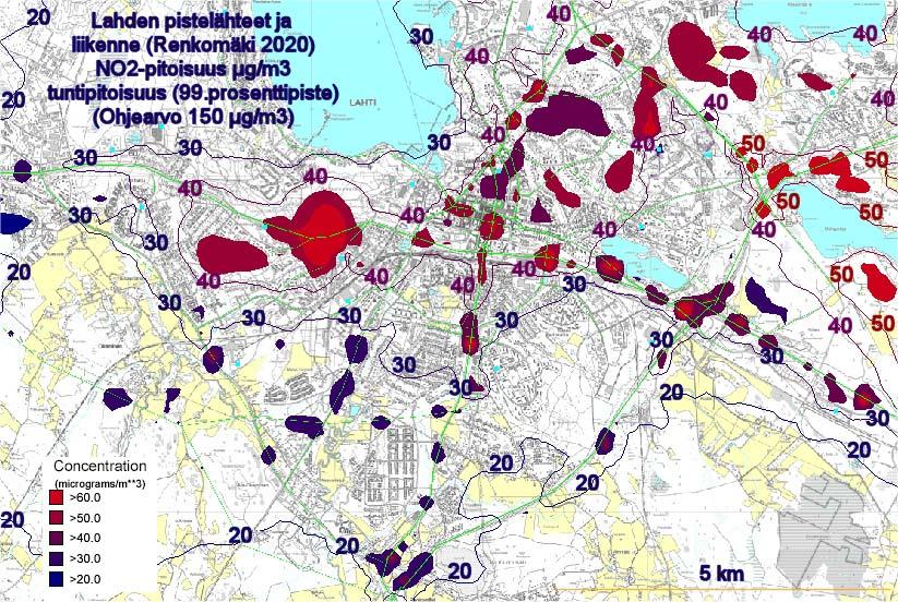 Korkeimmat tuntiohjearvoon (150 µgno 2 /m 3 )