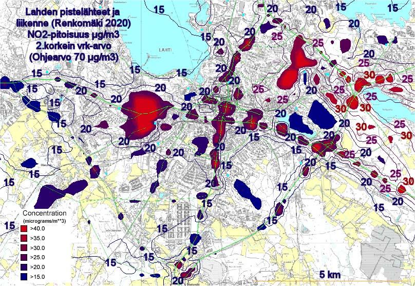Korkeimmat vuorokausiohjearvoon (70 µgno 2 /m 3 )