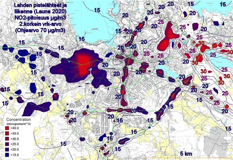 Korkeimmat vuorokausiohjearvoon (70 µgno 2 /m 3 )