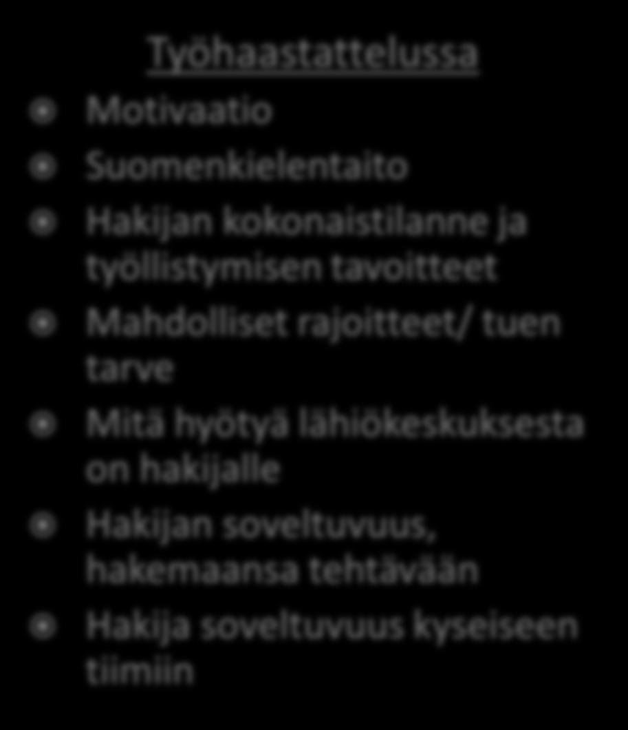 Hakijan kokonaistilanne ja työllistymisen tavoitteet Mahdolliset rajoitteet/ tuen tarve Mitä