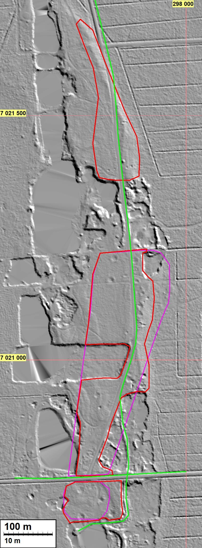 Maanmittauslaitoksen laserkeilausaineiston perusteella laaditusta maastomallista näkee, kuinka voimakasta maanottoa Haaruskankaalla on harjoitettu.