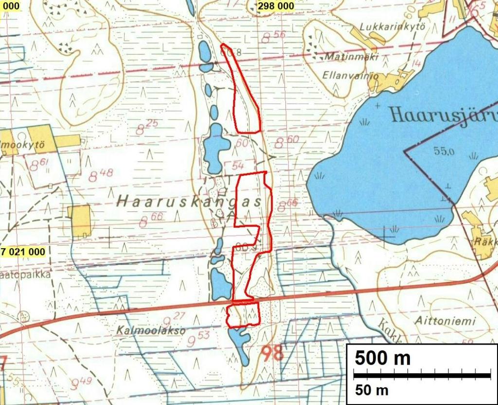 6 Vanhoja karttoja Yllä: ote vuoden 1972 peruskartasta (2312 07 Alahärmä), muinaisjäännösalueet on merkattu punaisilla viivoilla.