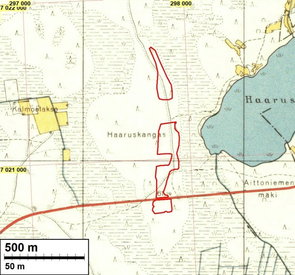 on osin tuhoutunut. Alla: ote vuoden 1950 peruskartasta (2312 07 Alahärmä).