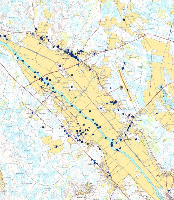 44 asukkaat kokivat tärkeiksi, ovat kulkuyhteydet, harraste- ja ulkoilureitit. Vastaajien tärkeiksi kokemat asiat ja paikat näkyvät karttakuvassa sinisinä pisteinä (Kuvio 22) Kuvio 22.